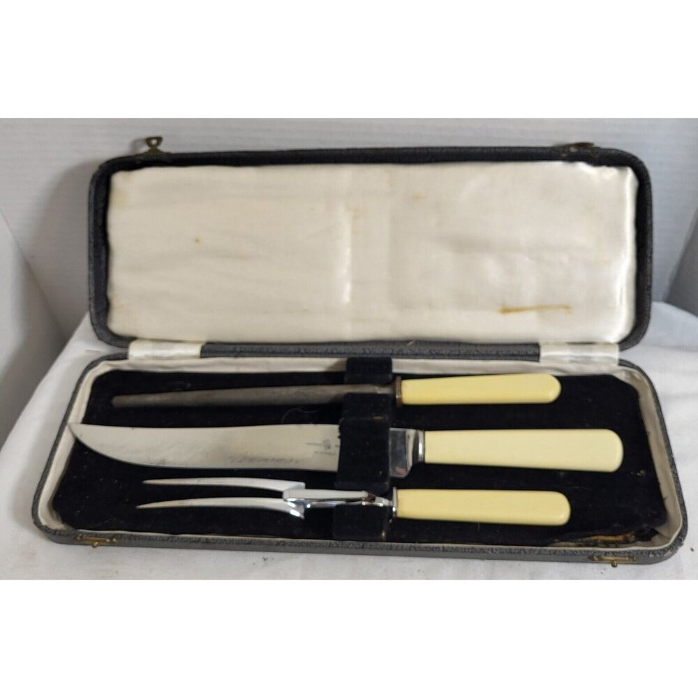 Antique 3 Pc Carving Set Box Celluloid Handles Sheffield corporate mark